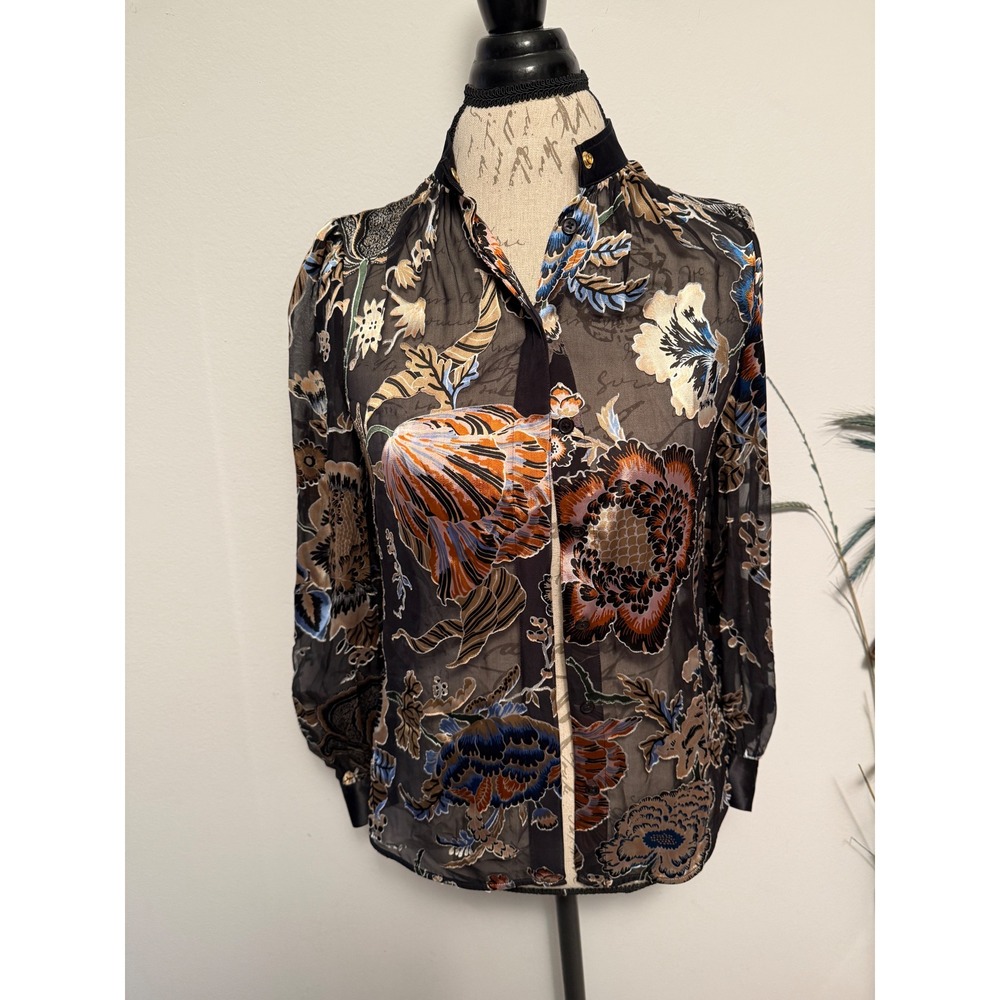 Tory Burch Botanical Floral Print Silk Blend‎ Sheer Blouse Top Size 0